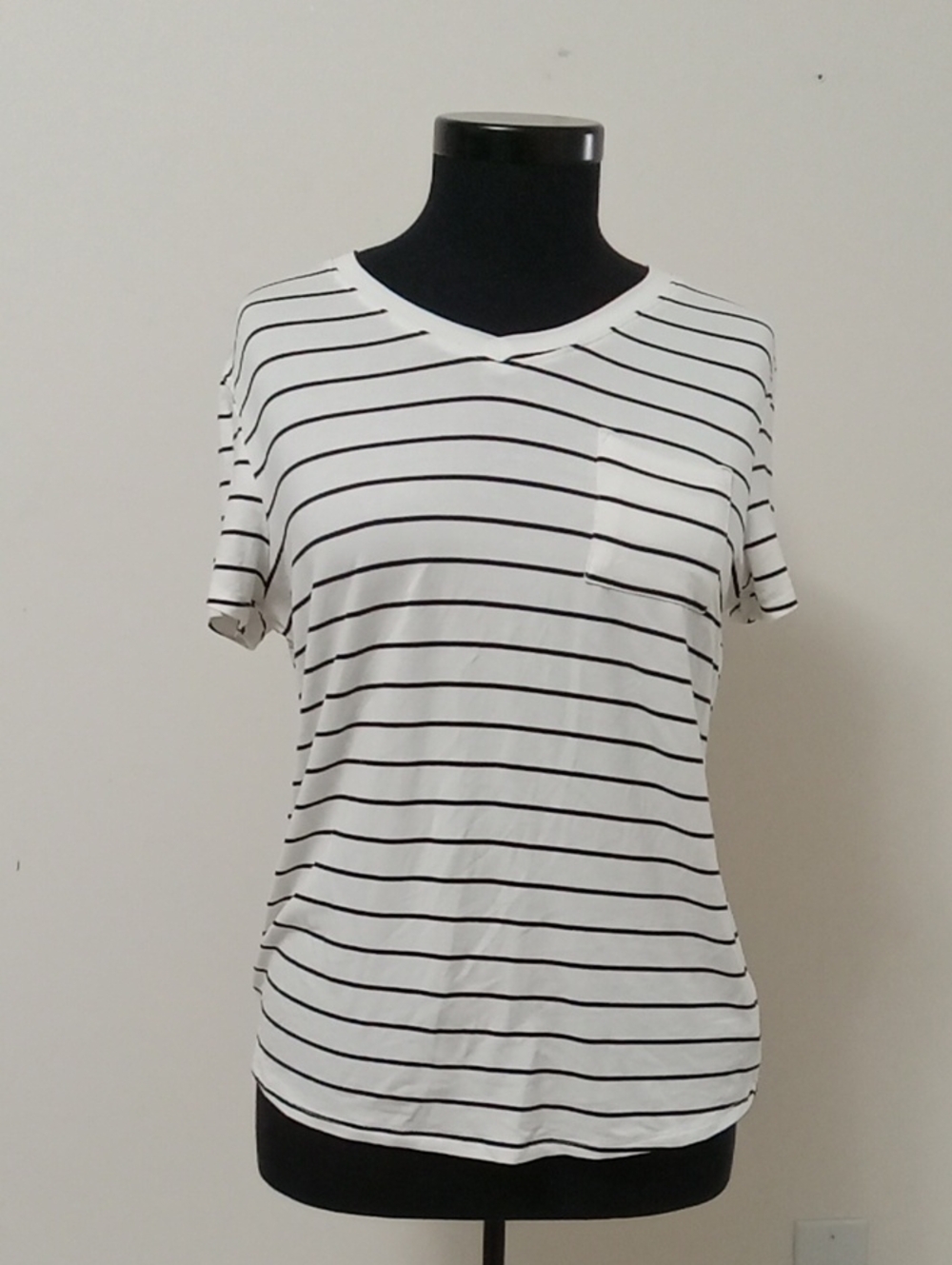 Urban Planet White and Black Striped V-Neck Short Sleeve Tee